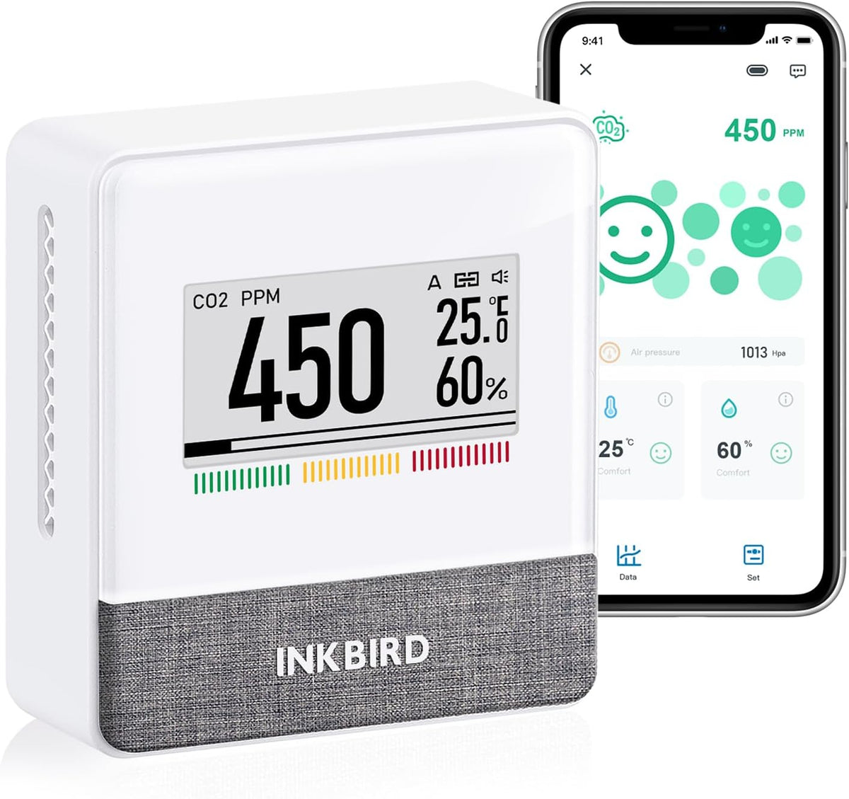 Inkbird Bluetooth CO2 Meter, IAM-T1 Luchtkwaliteitsmeter Thermometer Hygrometer Luchtdruk met Elektronisch Inktscherm, App Monitor, 18 Maanden Batterijduur, voor Thuis, Op Kantoor