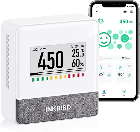 Inkbird Bluetooth CO2 Meter, IAM-T1 Luchtkwaliteitsmeter Thermometer Hygrometer Luchtdruk met Elektronisch Inktscherm, App Monitor, 18 Maanden Batterijduur, voor Thuis, Op Kantoor