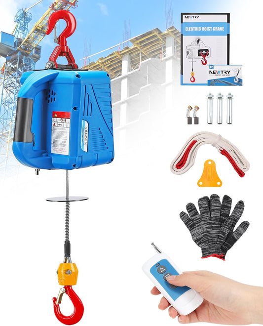 NEWTRY Elektrische takel met draadloze afstandsbediening, kabelafstandsbediening, 1500 W elektrische lier overbelastingsbeveiliging, maximale belasting 300 kg