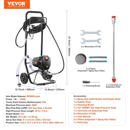 VEVOR Spuitverfsysteem, 750 W, 3000 psi, zonder lucht, met trolley, verfpistool met slang, 7,6 m, 1,2 l/min, voor schilderen binnen en buiten, benodigdheden hekken