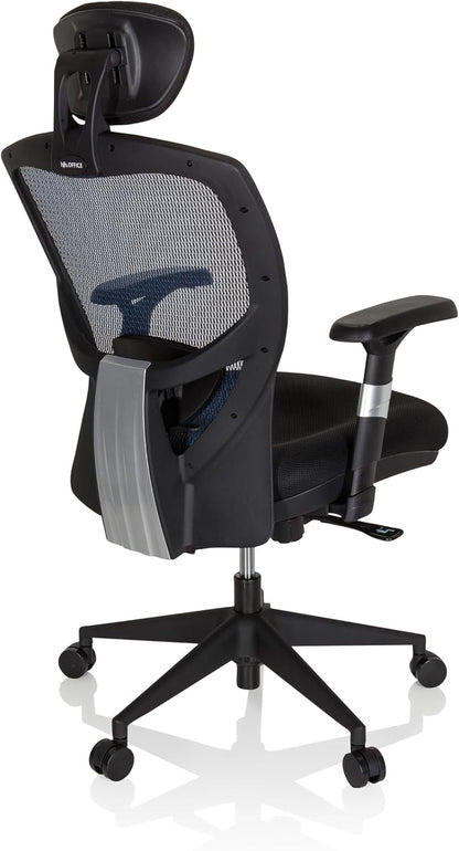 hjh OFFICE Venus Base 657110 Bureaustoel, managersstoel, blauw, ergonomische flexibele lendensteun, hoog zitcomfort, ergonomische draaistoel met verstelbare armleuningen, bureaustoel