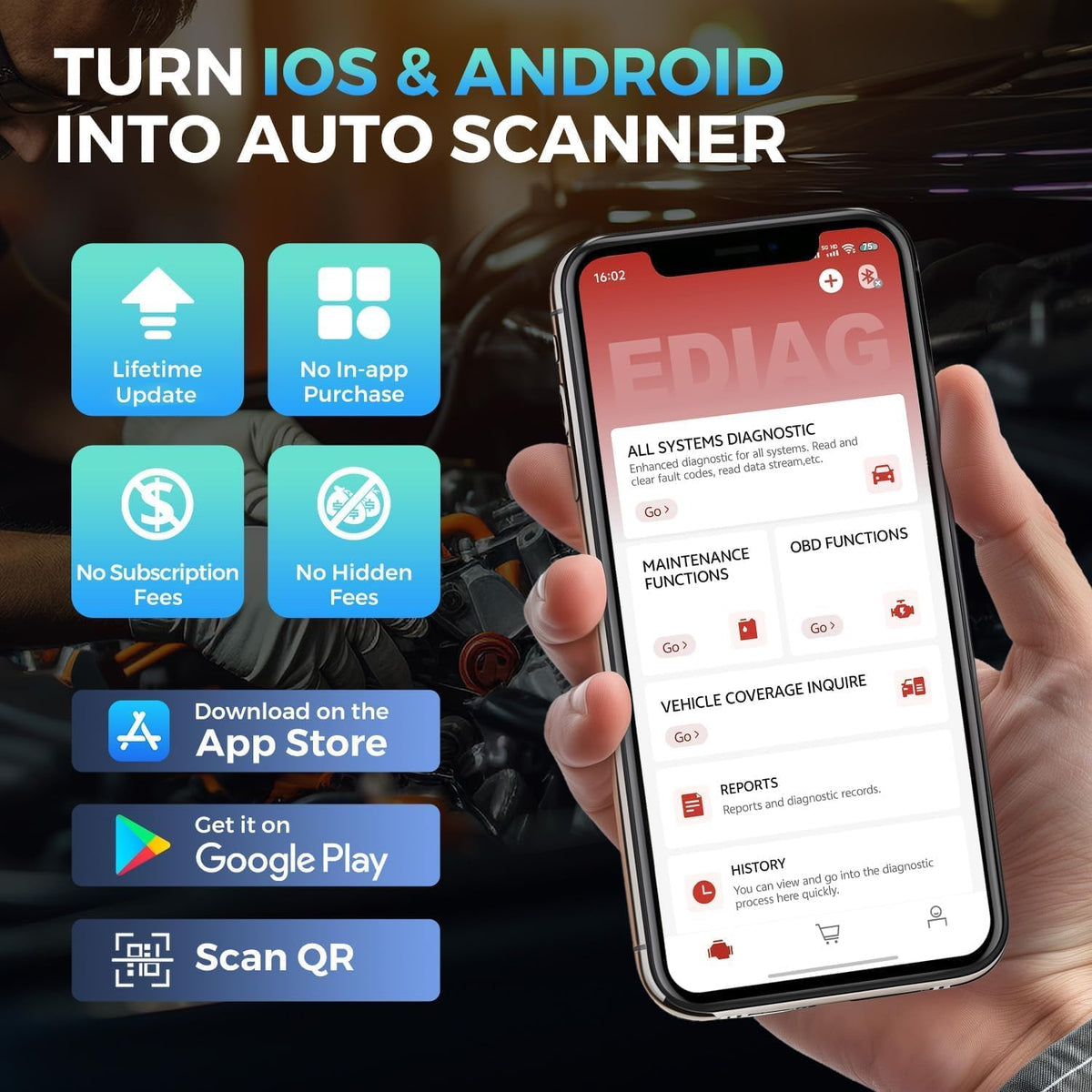 OBD2 Scanner – Diagnose Tool – Auto Scanner – Autodiagnose App – Bluetooth Scanner – Tweerichtingscontrole – 15+ Resetfuncties – Bluetooth 5.2 Verbinding