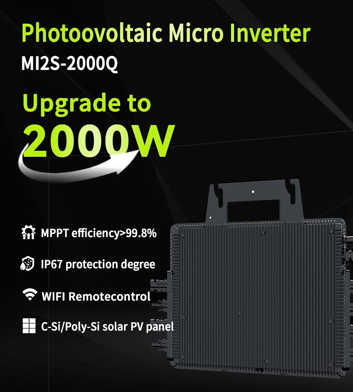 RC Micro-omvormer 2000W voor balkon-energiecentrale, 26-60V DC ingang per kanaal, 99,8% MPPT-omvormer, ondersteunt WiFi & Bluetooth, app voor externe monitoring, IP67, 0% BTW
