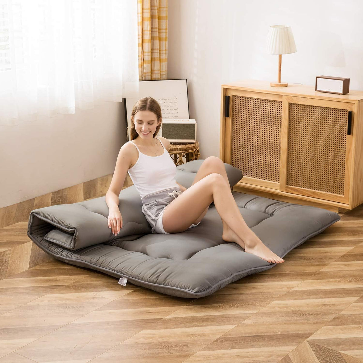 Maxyoyo Japanese Floor Mattress, Futon Mattress, Thicken Tatami Mat, Sleeping Pillow, Foldable, Roll-Up Mattress, Dormitory, Mattress, Floor Lounger, Pillow, Bed (Anthracite Grey, Double)