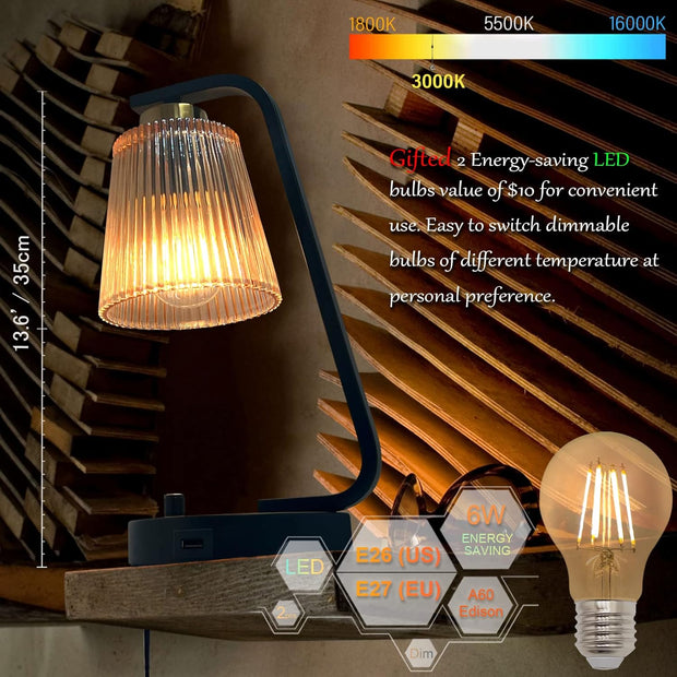 Tafellamp - Tafellampen - 2 Stuks - Bedlampje - Vintage Stijl - Nachttafellamp - met Traploos Dimbaar - USB-Poort - 5V&2A -  Industrieel Bureaulamp - Amberkleurige Lampenkap - voor Slaapkamer - Woonkamer - Lezen Kantoor - IJzer - 14 x 34.5 cm - Zwart
