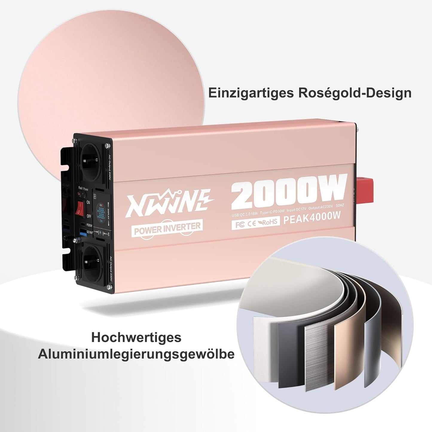 XWJNE Converter, 12 V, 220 V, zuivere sinus, 2000 W, omvormer, spanningsomvormer met 2 EU-stopcontacten, 1 USB-A, 1 USB-C, lcd-display, afstandsbediening, transformator 12 V, 220 V, voor auto, camping
