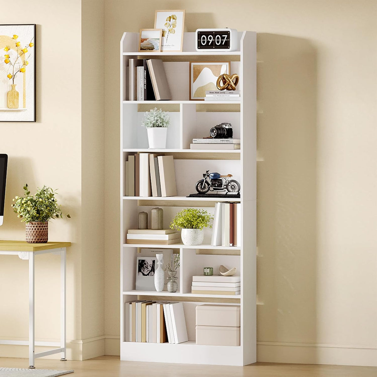 Hzuaneri Bookcase and Bookshelf with 7 Layers, Freestanding Display Organizer with 8 Divided Sections, for Home Office, Living Room and Bedroom, 24 x 60 x 199cm, White, BC11703X