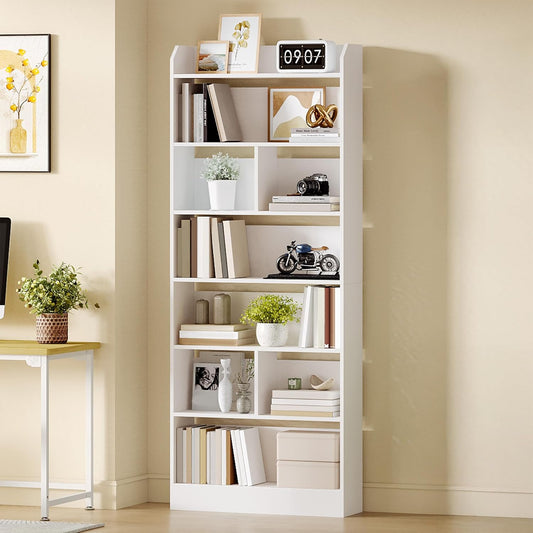 Hzuaneri Bookcase and Bookshelf with 7 Layers, Freestanding Display Organizer with 8 Divided Sections, for Home Office, Living Room and Bedroom, 24 x 60 x 199cm, White, BC11703X