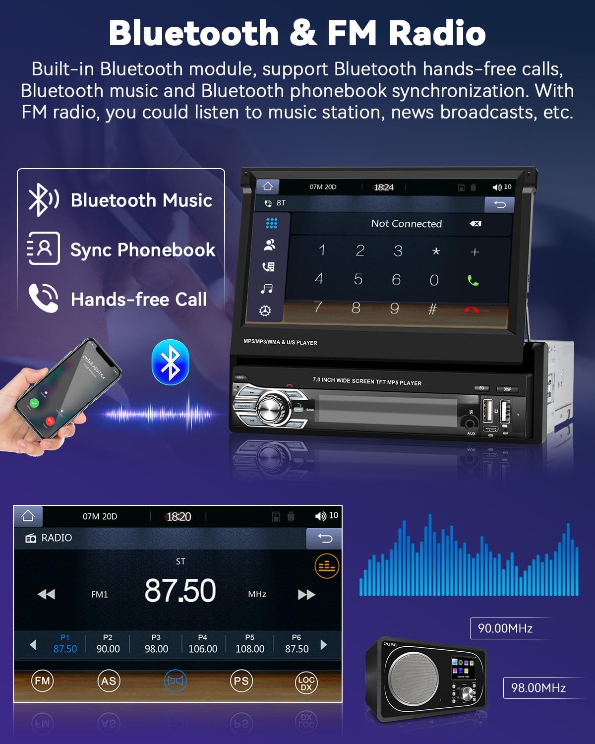 1-DIN Autoradio – Draadloze Radio – CarPlay Systeem – Android Auto Radio – Bluetooth Autoradio – Uittrekbaar 7" Touchscreen – Inclusief Achteruitrijcamera - QUORE