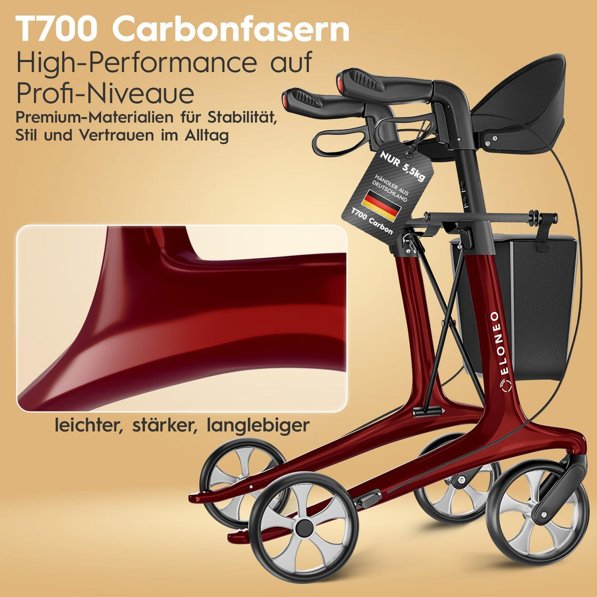 Carbon rollator inklapbaar lichtgewicht met zit, lichtgewicht reisrollator 5,5 kg, loophulp voor senioren 9-voudig in hoogte verstelbaar, inklapbare loopwagen, met tas & parapluhouder