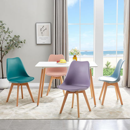 EGGREE Scandinavische eetkamerstoel, SGS-getest, gestoffeerde keukenstoel, retro-bureaustoel met poten van massief beukenhout, roze fumé + turquoise + mintgroen + paarsgrijs, set van 4 stoelen