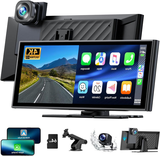 Lamto Car Radio for Apple Carplay Android Car with Rear Dashcam 4K + 1080P, 9.26 Inch Portable Wireless Carplay Screen, Car Radio Receiver with Bluetooth 5.0 / FM / Siri / Go0gle / Mirror - QUORE