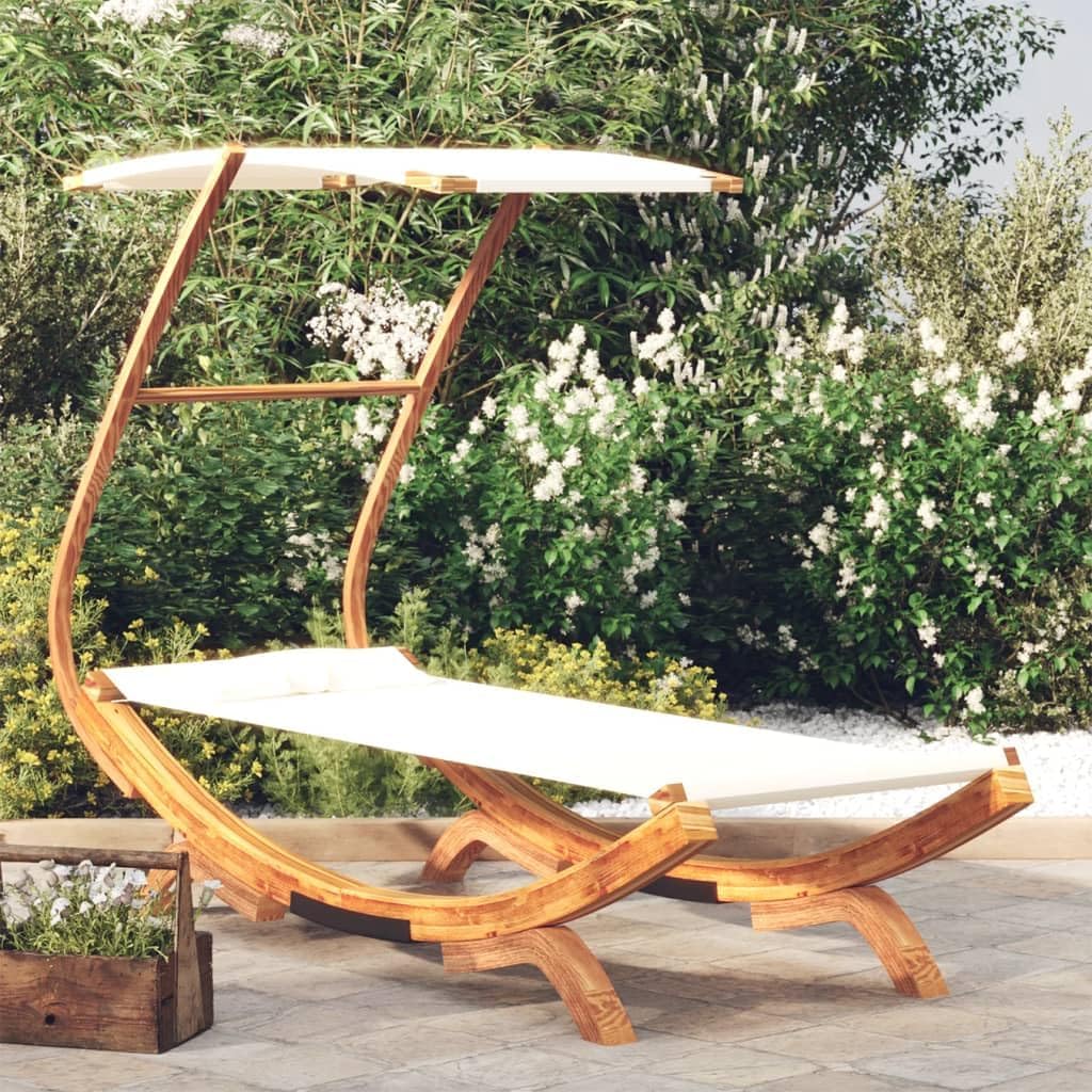 Zonnebad, ligbed met luifel, 100 x 190 x 134 cm, massief gebogen hout, crèmekleurig, ligstoel, voor buiten, strandligstoel, ontspanning, voor tuin, terras, balkon, camping - QUORE
