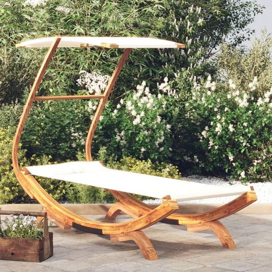 Zonnebad, ligbed met luifel, 100 x 190 x 134 cm, massief gebogen hout, crèmekleurig, ligstoel, voor buiten, strandligstoel, ontspanning, voor tuin, terras, balkon, camping - QUORE