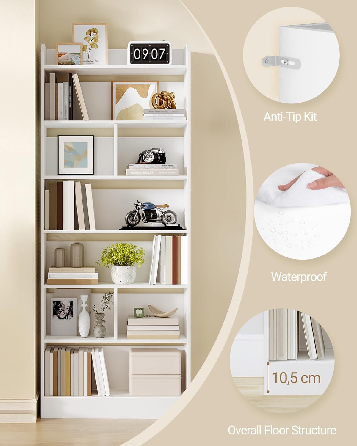 Hzuaneri Bookcase and Bookshelf with 7 Layers, Freestanding Display Organizer with 8 Divided Sections, for Home Office, Living Room and Bedroom, 24 x 60 x 199cm, White, BC11703X