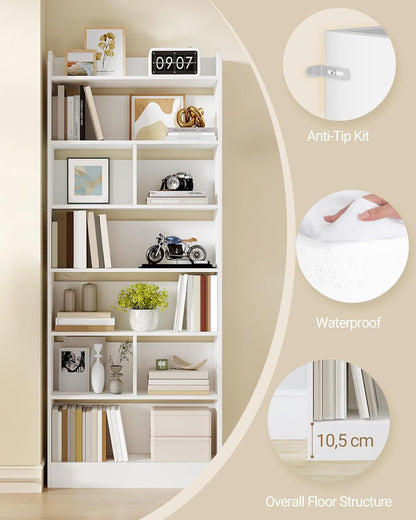 Hzuaneri Bookcase and Bookshelf with 7 Layers, Freestanding Display Organizer with 8 Divided Sections, for Home Office, Living Room and Bedroom, 24 x 60 x 199cm, White, BC11703X