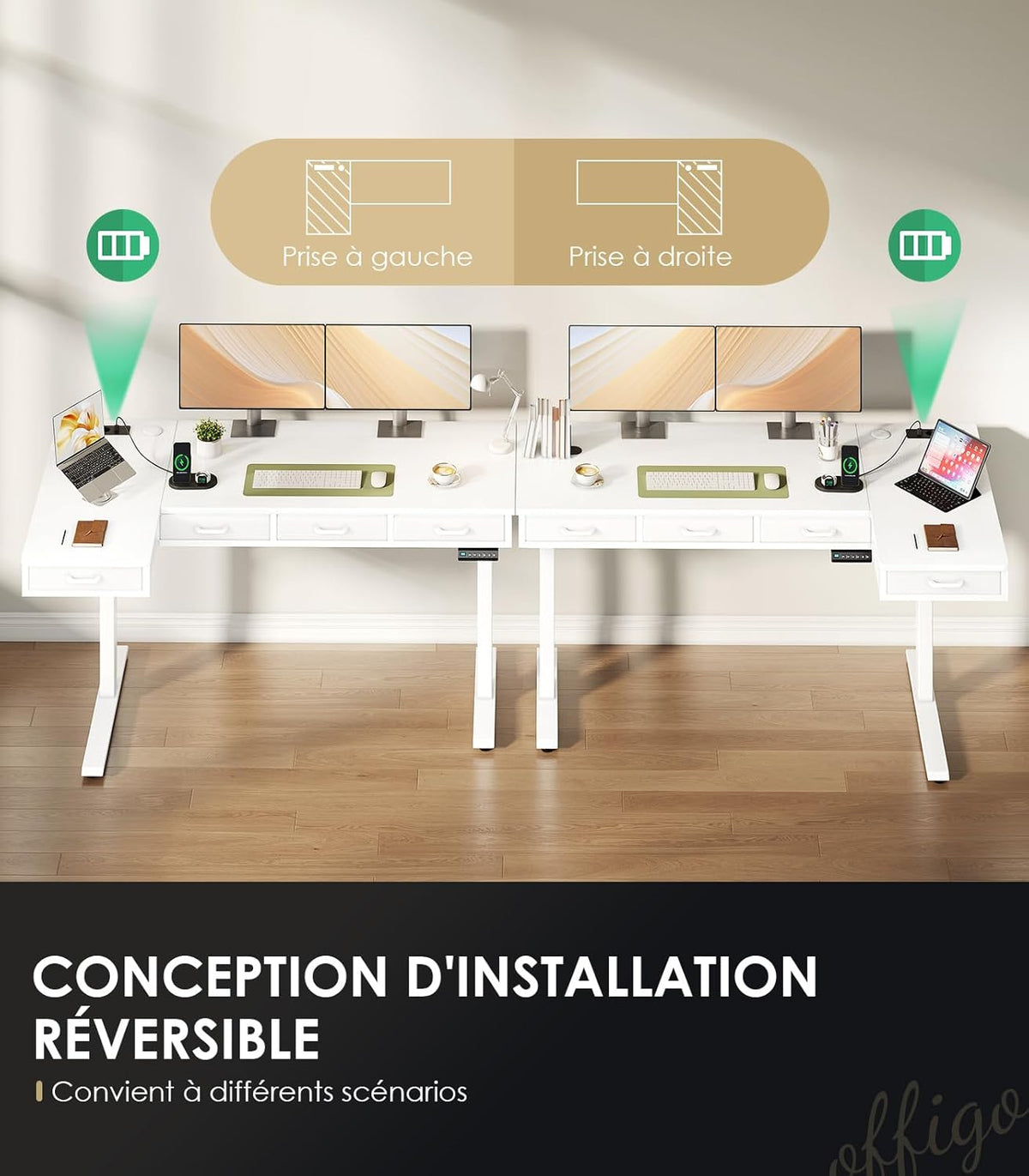 Verstelbaar Hoekbureau – Elektrisch Bureau – Zit Sta Bureau – L-vormig Bureau – Hoekbureau Met Opberglades – Elektrische Hoogteverstelling 72-118 cm – Ingebouwde Stopcontacten En USB-poort