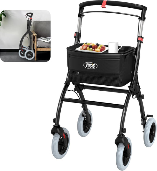VOCIC Z32 Rollator Smal voor Appartement, Indoor Opvouwbaar en Licht, Stabiele Woning Rollator met Spoel Stille Antislip Banden, Dienblad, Zwart|5 jaar
