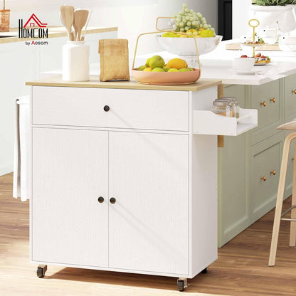 HOMCOM Kitchen Island Wheeled Kitchen Cart with Folding Worktop, Drawer, Kitchen Cabinet Cart with Insert Shelf, Towel Bar, Spice Rack, Serving Trolley White - QUORE