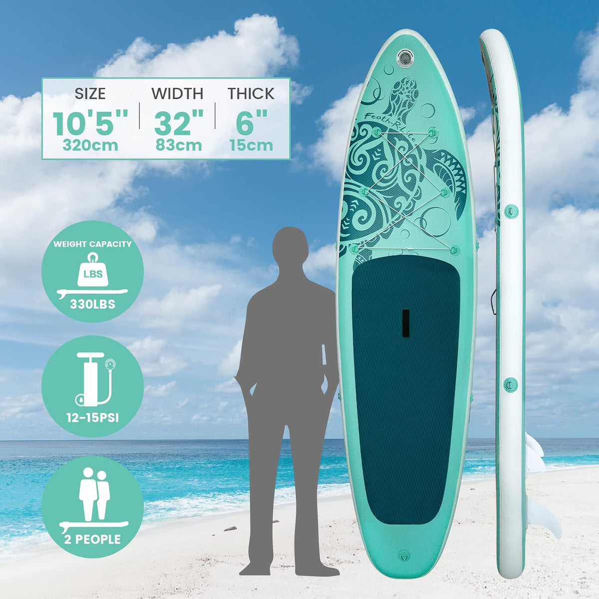 FEATH-R-LITE Opblaasbaar stand-up paddleboard, surfplank, SUP, compleet paddleboard, accessoires, verstelbare peddel, pomp, ISUP reisrugzak, paddleboard voor volwassenen (Ijsgroen)
