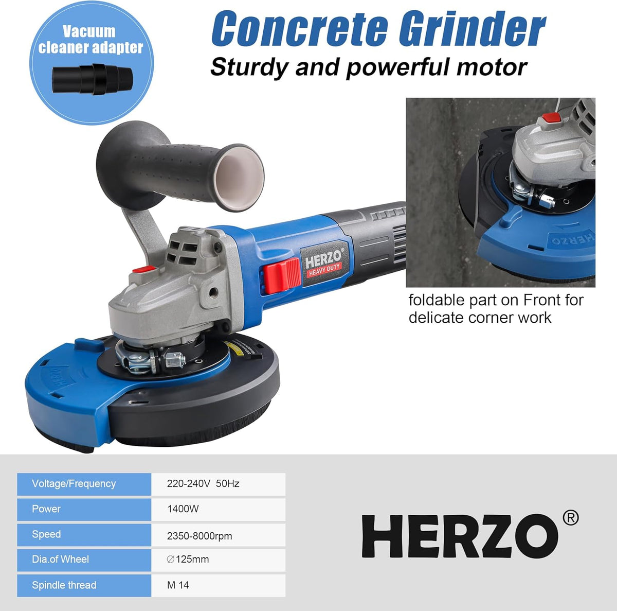 HERZO Betonschuurmachine, betonfrees, set met diamantslijpkop en afzuigkap, 1400 W (125 mm)
