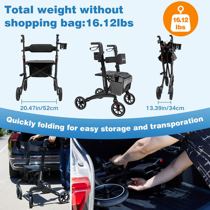 Rollator Opvouwbaar en Licht met Zitting: Rollator Carbon Gemakkelijk Inklapbaar voor kofferbak Reizen - Rollatoren voor senioren Lichtgewicht Smal voor Thuis Binnen Buiten (zwart)