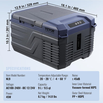 Draagbare Compressor Koelkast – Auto Koelbox – Autokoelkast – Camper Koelkast – Camping Koeler – 9 Liter – 12/24V DC En 100 Tot 240V AC