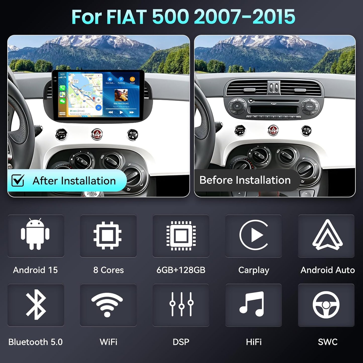Android 15 Autoradio Fiat 500 – Multimedia Speler – Navigatiesysteem – DAB Radio – Touchscreen Radio – 9 Inch HD Scherm – Draadloze CarPlay & Android Auto
