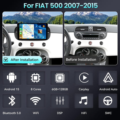 Android 15 Autoradio Fiat 500 – Multimedia Speler – Navigatiesysteem – DAB Radio – Touchscreen Radio – 9 Inch HD Scherm – Draadloze CarPlay & Android Auto