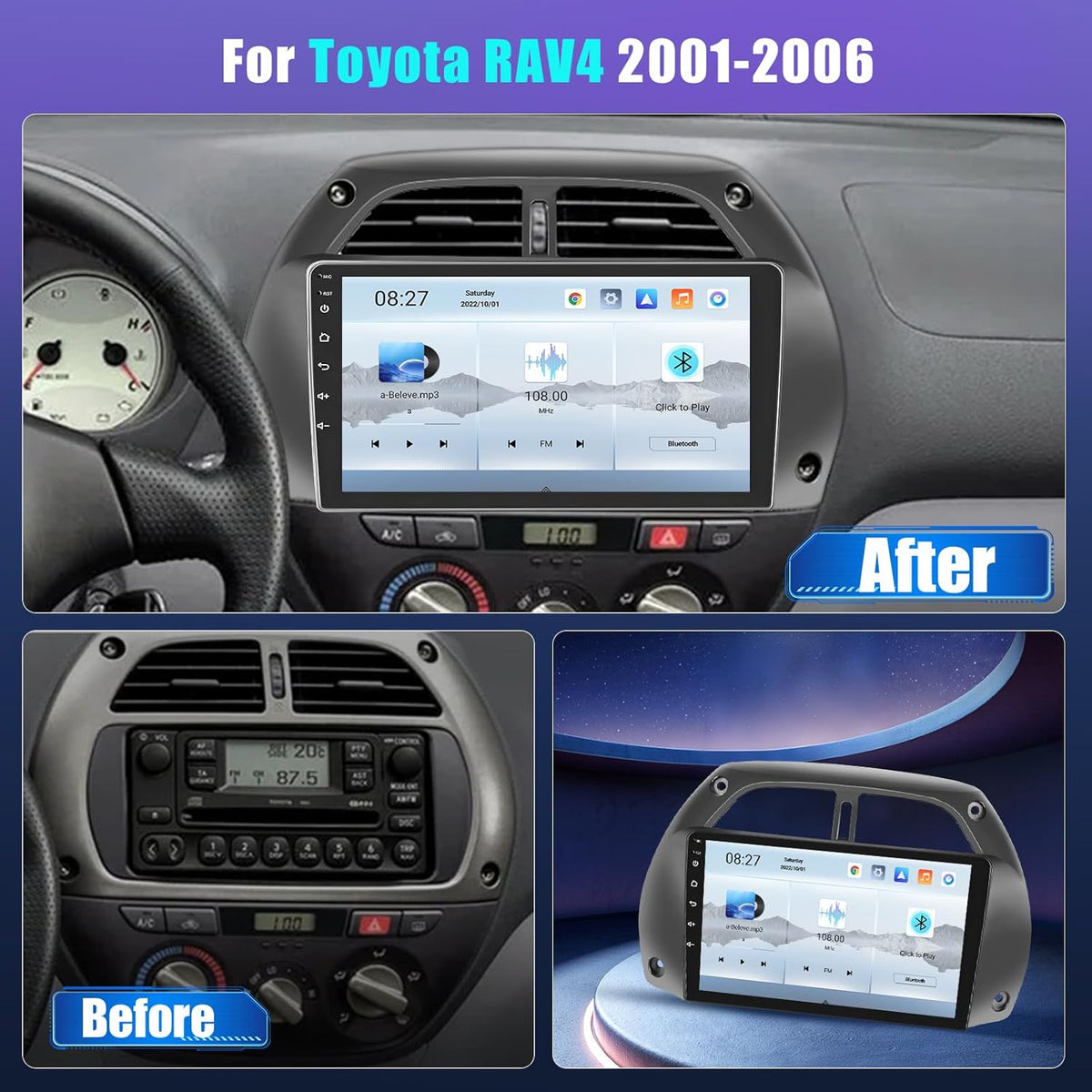 Inefala Android 15 Qualcomm 8 Core 4+64G Autoradio voor Toyota RAV4 2001-2006 met draadloze Carplay, 9'' touchscreen met Android Auto Mirror Link FM/RDS-radio GPS WIFI Bluetooth SWC achteruitrijcamera