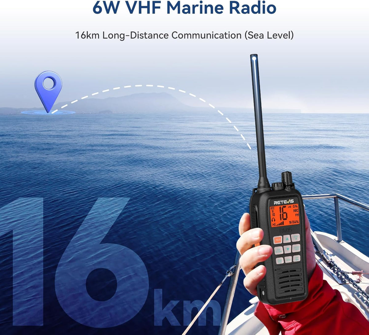 Retevis RM15 VHF Maritieme Radio, IP68 Waterdichte Walkietalkie met Microfoon, 2000 mAh, Tweekleurig Scherm, Internationale Maritieme Kanalen, voor Vissersboten (1 Verpakking)