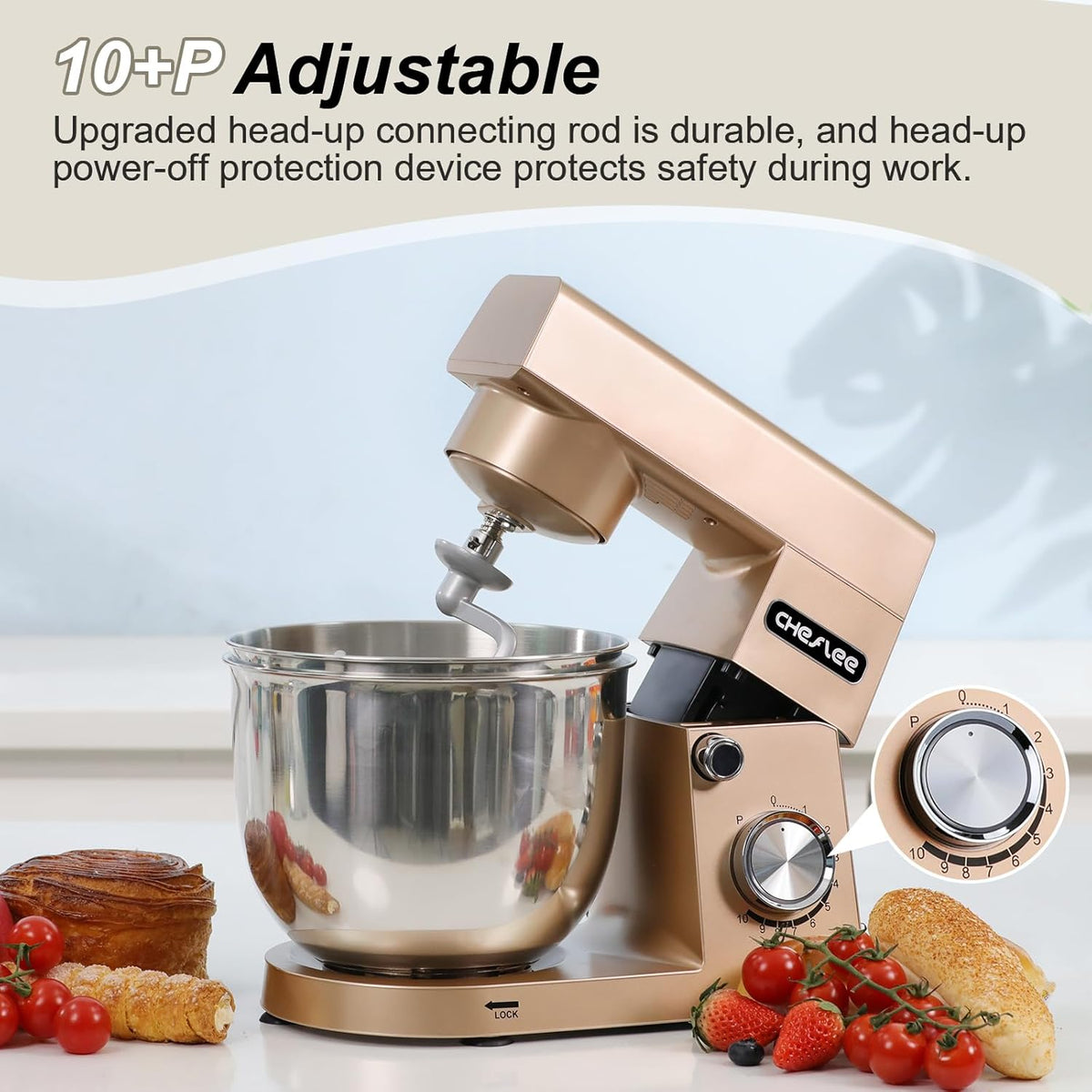 CHeflee Keukenmachine, 1500 W, deegkneedmachine met 4,5 en 5,5 l roestvrijstalen kom, 10+P snelheid, keukenmixer met roerhaak, deeghaak, garde en spatbescherming (goud)