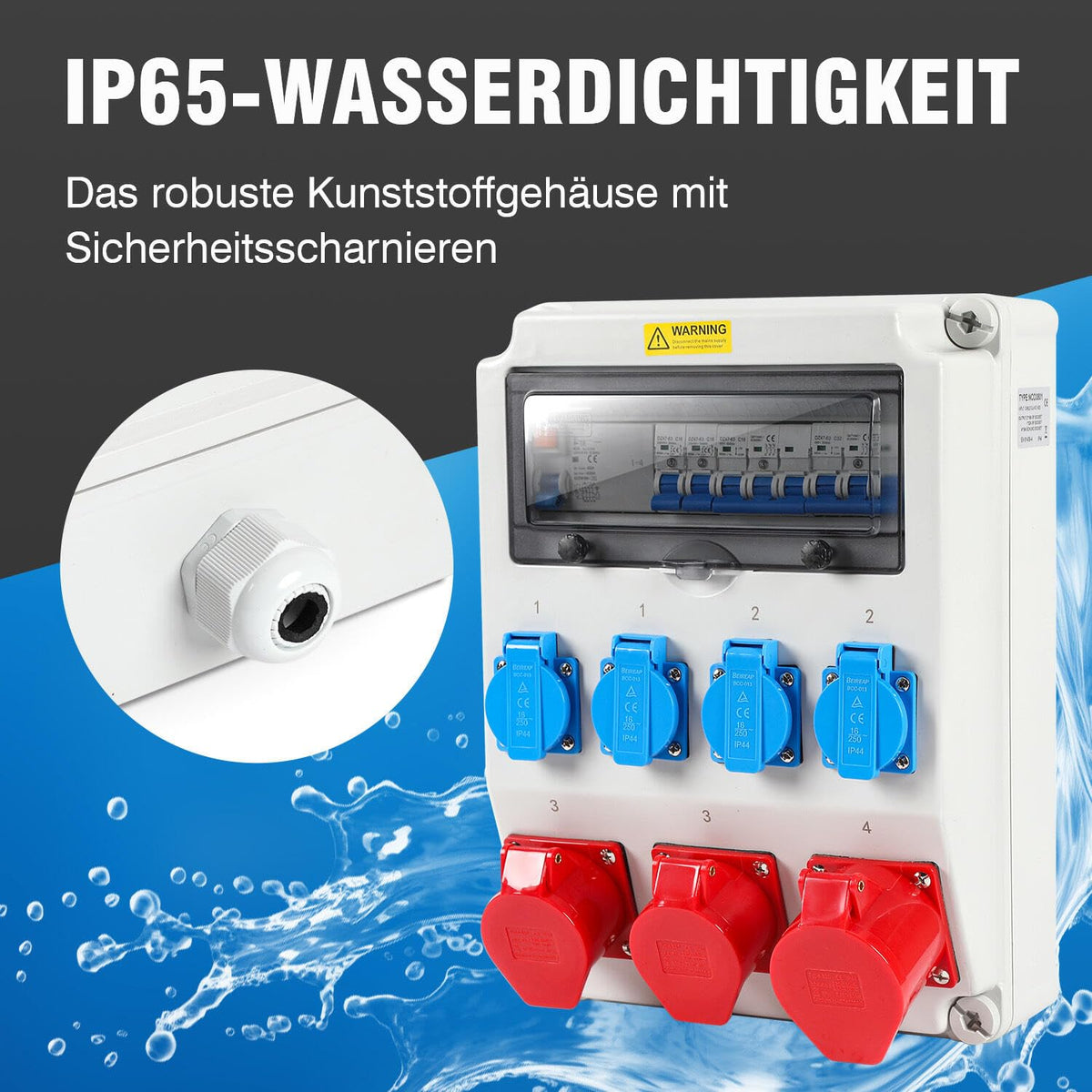 Wandverdeler met stroomonderbreker en FI,5-polige bouwstroomverdeler met 4 x Schuko-stopcontact en CEE-stopcontact, 16/32 A stroomverdeler voor binnen en buiten