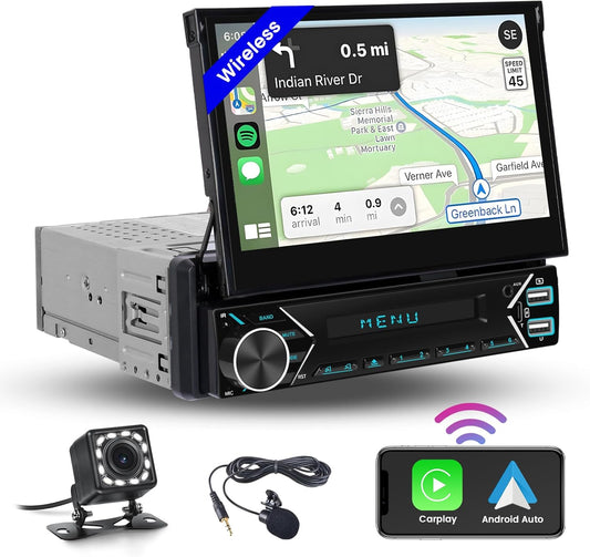 Hikity 1 DIN-autoradio met draadloze CarPlay, met 7 inch touchscreen-scherm Android Auto, met bluetooth, FM-radio, USB Type-C, AUX, achteruitrijcamera