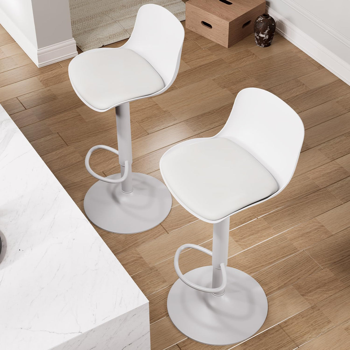 Kidol & Shellder Barkrukken, 2-delige set, wit, in hoogte verstelbare barkrukken met rugleuning, draaibare barstoelen, keukenkruk voor keuken en toonbank