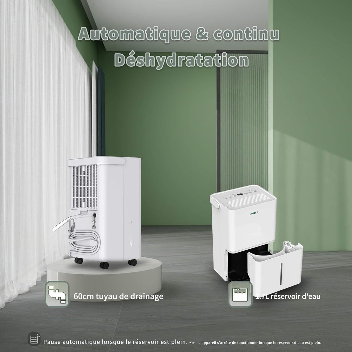 Uhome Luchtontvochtiger, elektrisch, 12 l in 24 uur, luchtontvochtiger voor 54 m³/18 m², ontvochtiger met automatische uitschakeling, vochtsensor, wasmodus, actieve koolfilter, afvoerslang (12 l