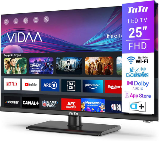 TuTu Smart TV 25 - inch (64 cm), Full HD Smart TV met Bluetooth, WiFi, Triple Tuner (DVB - T/T2, DVB - C, DVB - S/S2), App Store, Midfoot [2025]