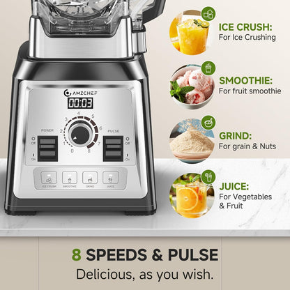 AMZCHEF Blender, 2000 watt, 2 liter, krachtige blender, blender met 8 instelbare snelheden en 4 voorprogramma's voor crushed ijs, smoothiemaker, vleesmixer, BPA-vrij