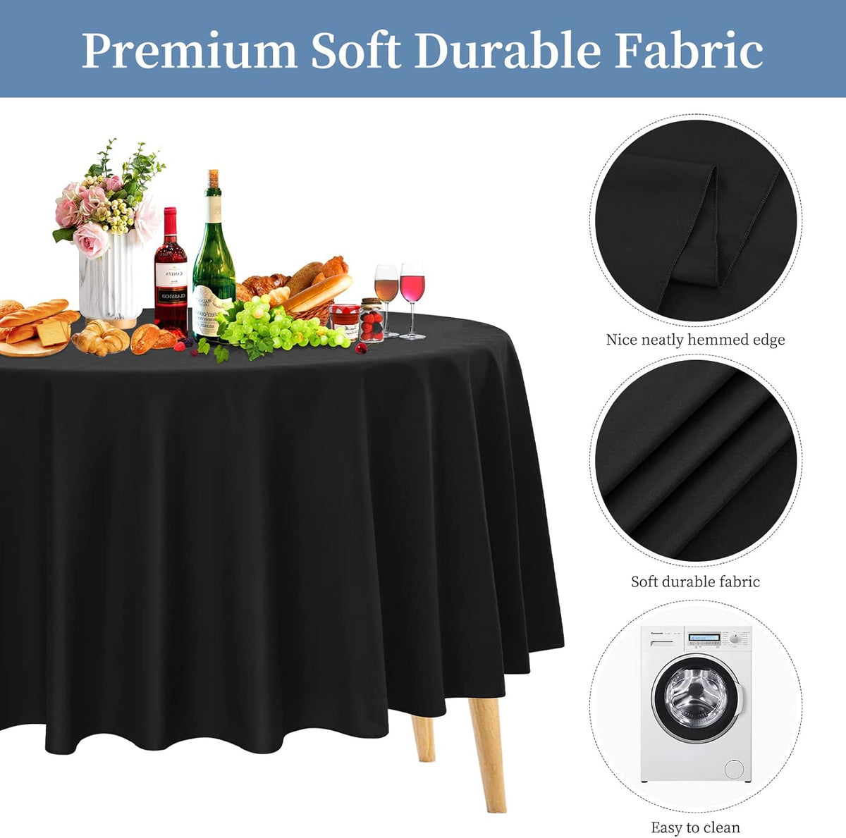 8 PCS Black Round Table Doek 305 cm/120 inch, zwart polyester wasbare polyester tafelbedekking voor bruiloftsfeestverjaardagsbanket