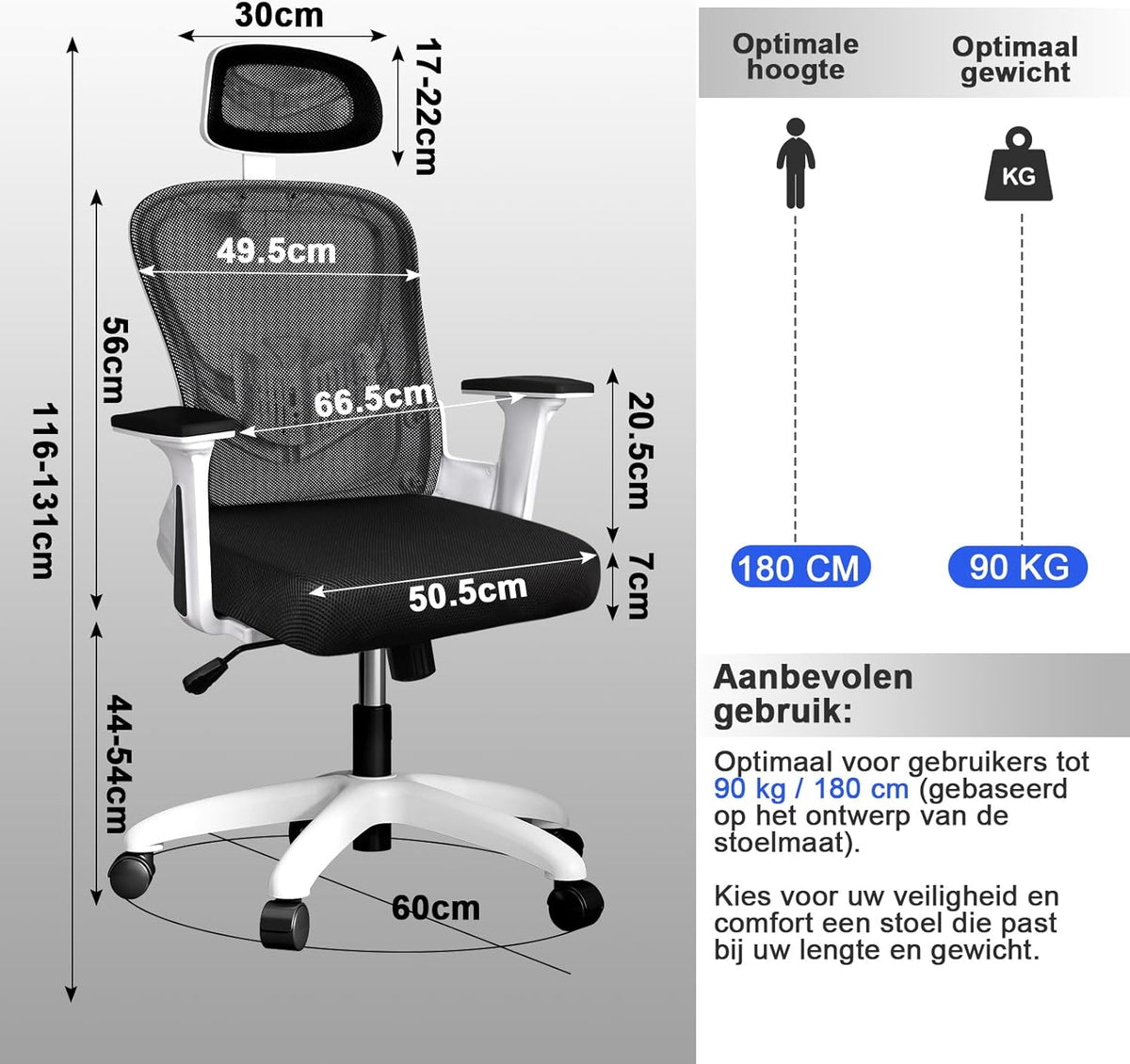 Ergonomische Bureaustoel – Bureaustoel Met Lendensteun – Bureaustoel Met Verstelbare Armleuningen – Kantoorstoel – Mesh Stoel – Verstelbare Hoofdsteun – Ademend Mesh Kussen – 150 KG Draagvermogen