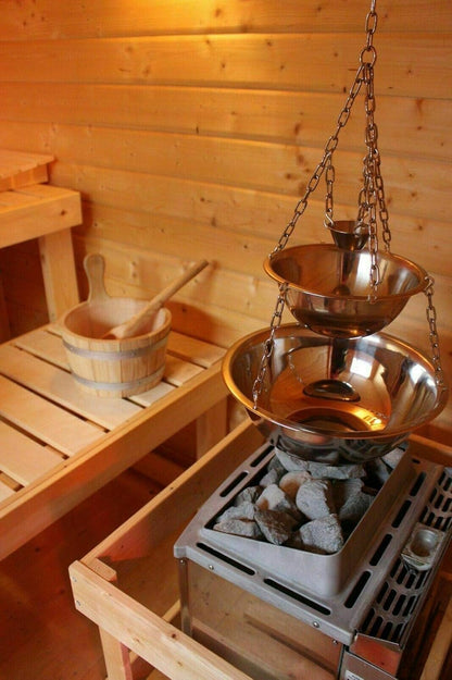 Sauna Ceremonie Deluxe: Verdamperschaal Verdamperpot roestvrij staal infusie Maxi - 3 schalen hangers voor infusie, zoutkristallen, menthokristallen - Maxi versie, patroon: zonder accessoires