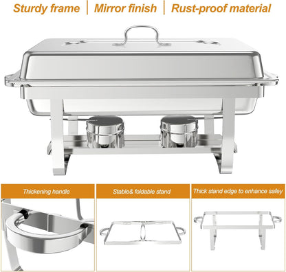 NArra 4-delig Chafing Dish Buffet Set, 9L Rechthoekige Catering Serveerplateaus van Roestvrij Staal met Voedselbak, Voedselwarmer met Opvouwbare Lijst voor Feesten, Diners, Catering, Bruiloften