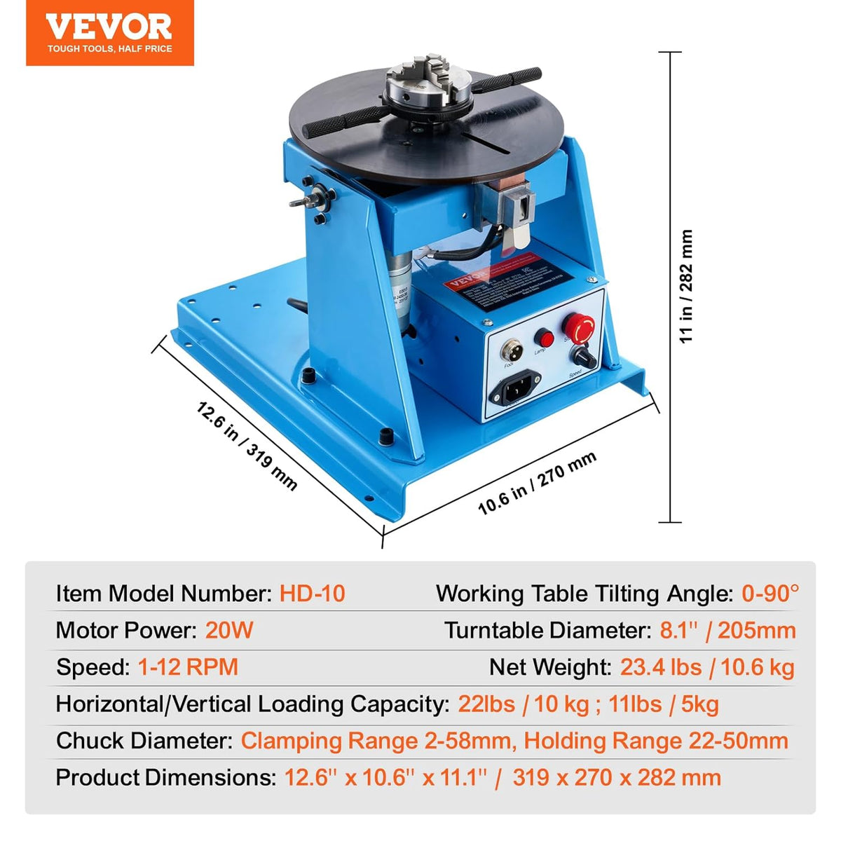 VEVOR Roterende lasstandsteller 10 kg, 0-90 ° laspositionering draaitafel met 8,1 inch 3-kaak draaibankboorkop, 1-12 tpm 20 W draagbare lasser positioneringsmachine voor snijden slijpen assemblage
