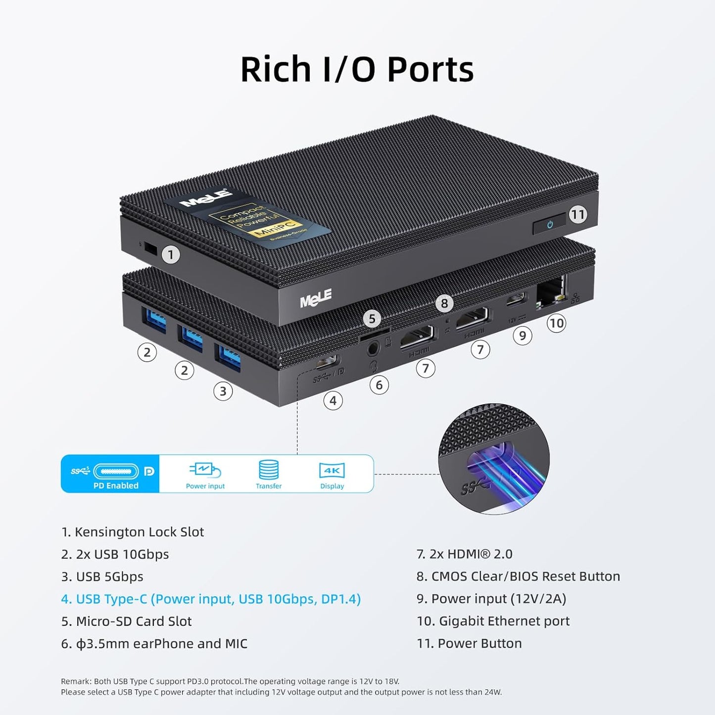 MeLE Quieter3C Fanless Mini PC N5100 8 GB geheugen 128 GB opslag, ultradunne, stille en draagbare desktopcomputer met volledige functie USB-C, Gigabit Ethernet, IPXE, PD3.0, automatisch inschakelen