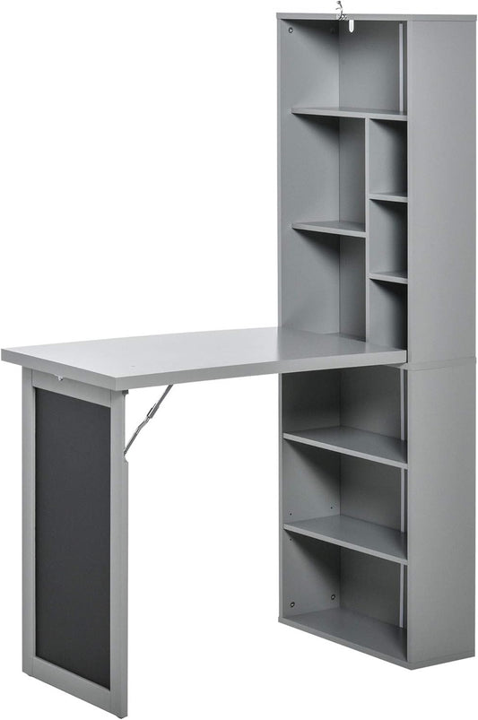 HOMCOM Folding Desk with 6 Compartments, Bookcase with 3 Shelves, Computer Table, Office Table, E1 Chipboard, Metal Frame, Dark Grey, 98 x 51 x 153 cm - QUORE
