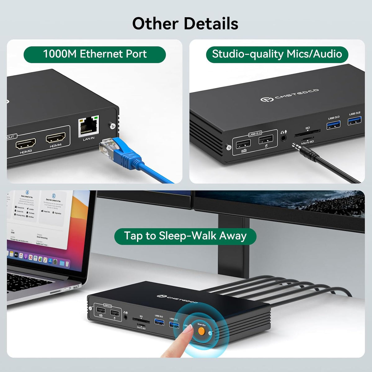 Thunderbolt Docking Station voor MacBook Air/Pro M4 Quad 4K @60Hz monitoren 15-in-1 USB C DisplayLink dockingstation voor Mac laptops met PD 100W, USB 3.2 10 Gbps