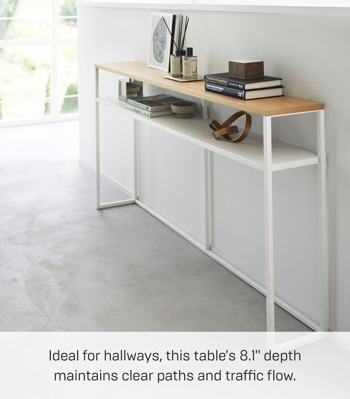 Yamazaki 2028 TOWER Console Table with Shelf, white, Steel/Wood, 126 x 20.5 x 65 cm