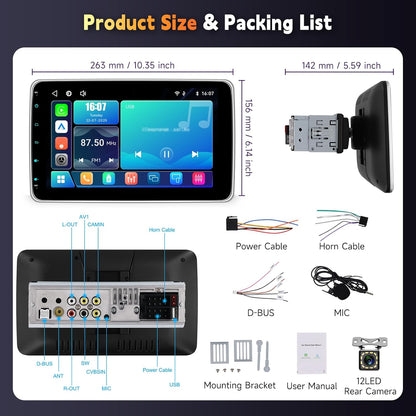 Hodozzy Car radio 1 Din with twisted 10.1 inch touch screen, car radio 1 Din with wireless CarPlay/Android car/mirror link, MP5 player with Bluetooth, radio FM, HD online video, EQ, USB/type C + - QUORE