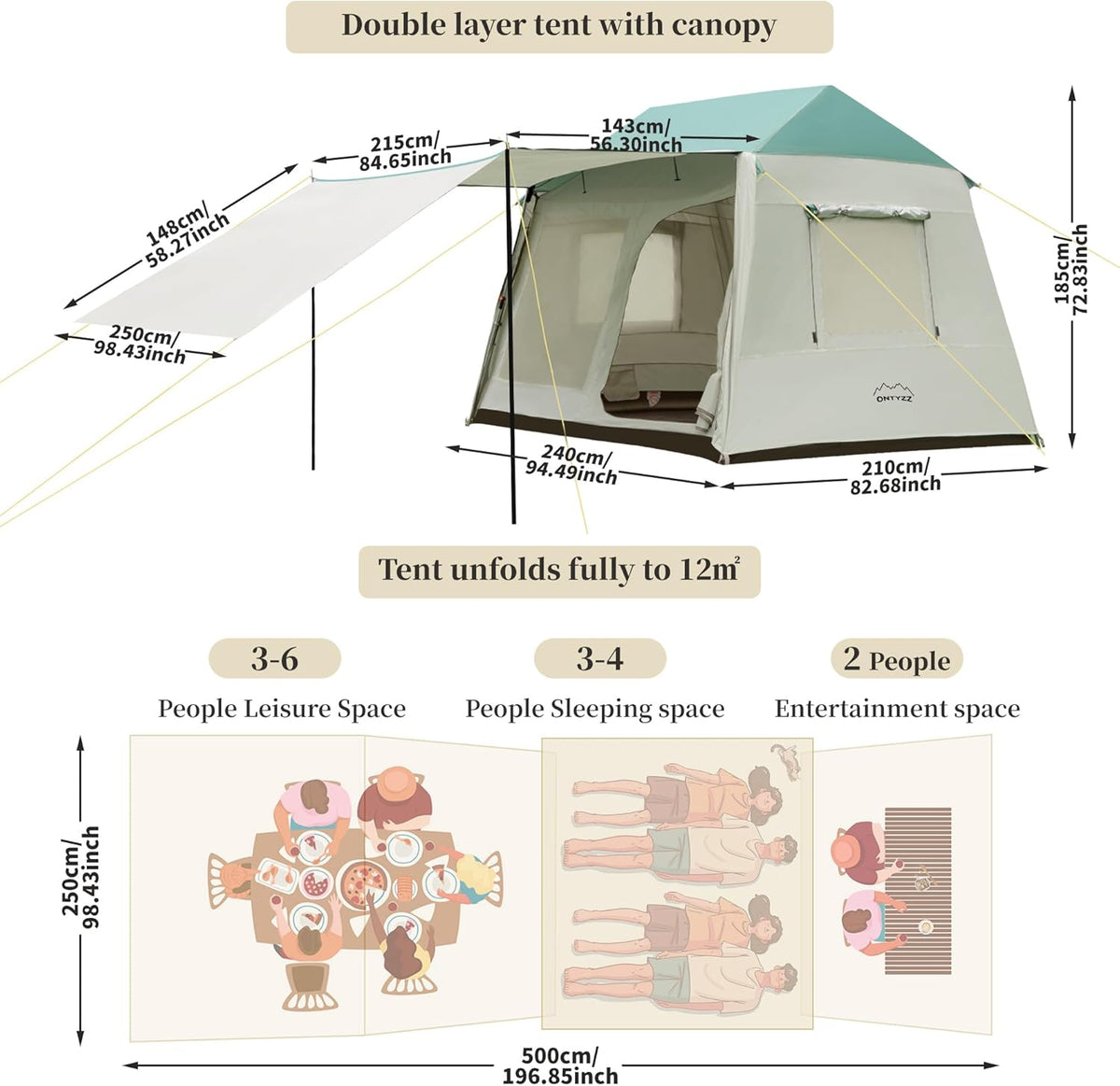 ONTYZZ Grote waterdichte tent, familietent voor kamperen, wandelen, outdoor picknick