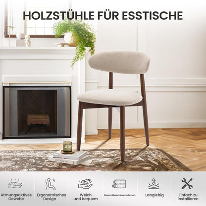 COLAMY Keukenstoel, eetkamerstoelen, set van 2, moderne gestoffeerde stoel, eetstoelen met vaste rugleuning, stoffen eetkamerstoel met houten poten, voor eetkamer, keuken, restaurant, beige